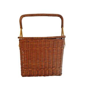 Vintage Coated Wicker Hinged Lidded Basket Stationary Handle Rectangle Storage
